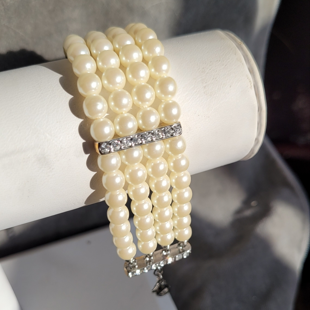 2/$22 Avon Silver-plated 3 strand faux pearl bracelet with rhinestones